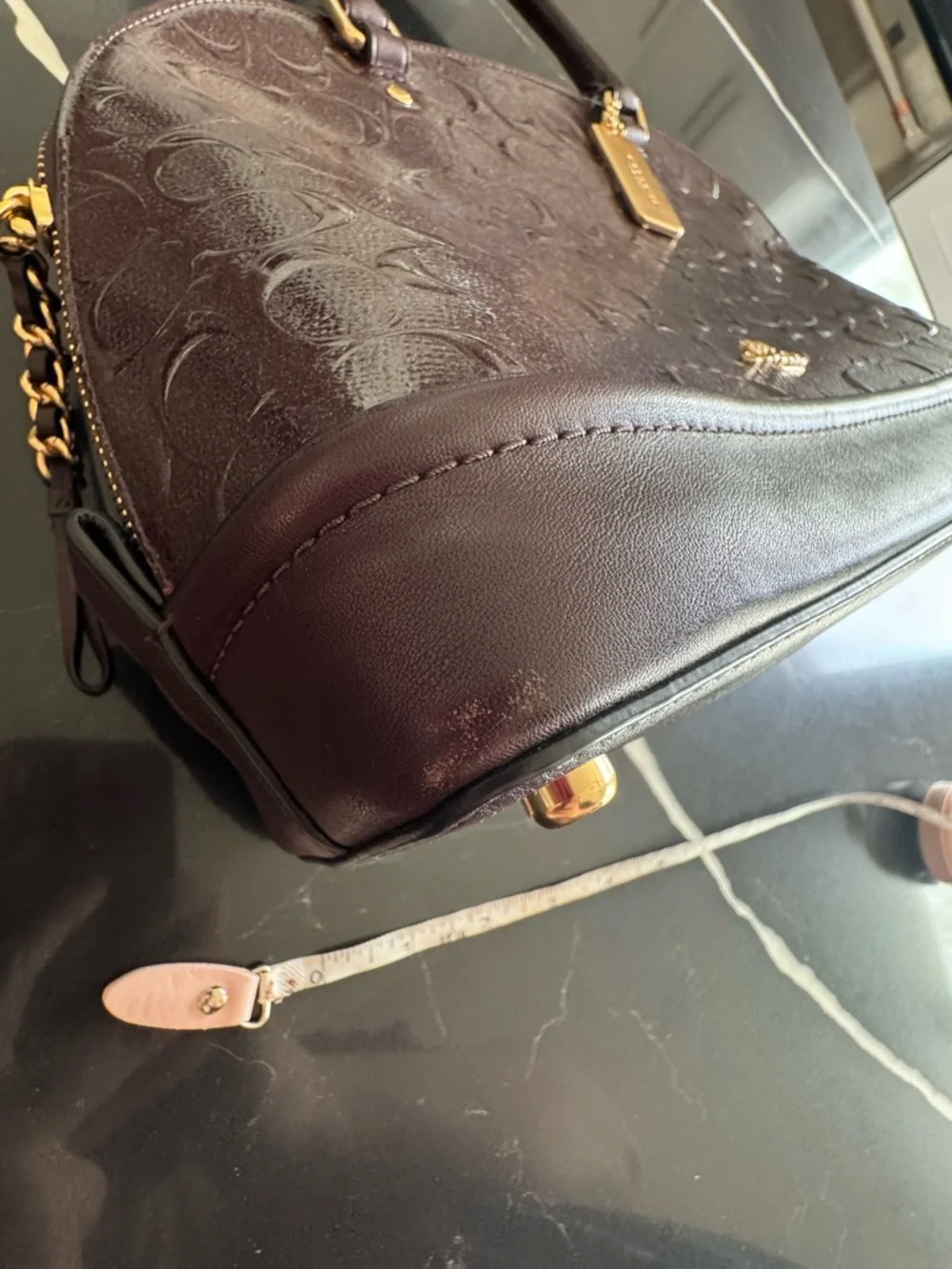 Coach Dark Eggplant Sparkle Embossed Dome Satchel with Gold Hardware‎ Bundle
